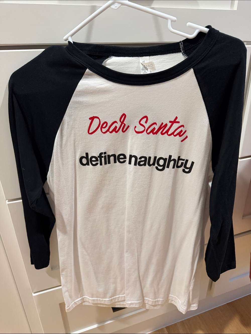Bella Canvas Black & White 'Dear Santa, define naughty' 3/4 Sleeve Raglan Tee
